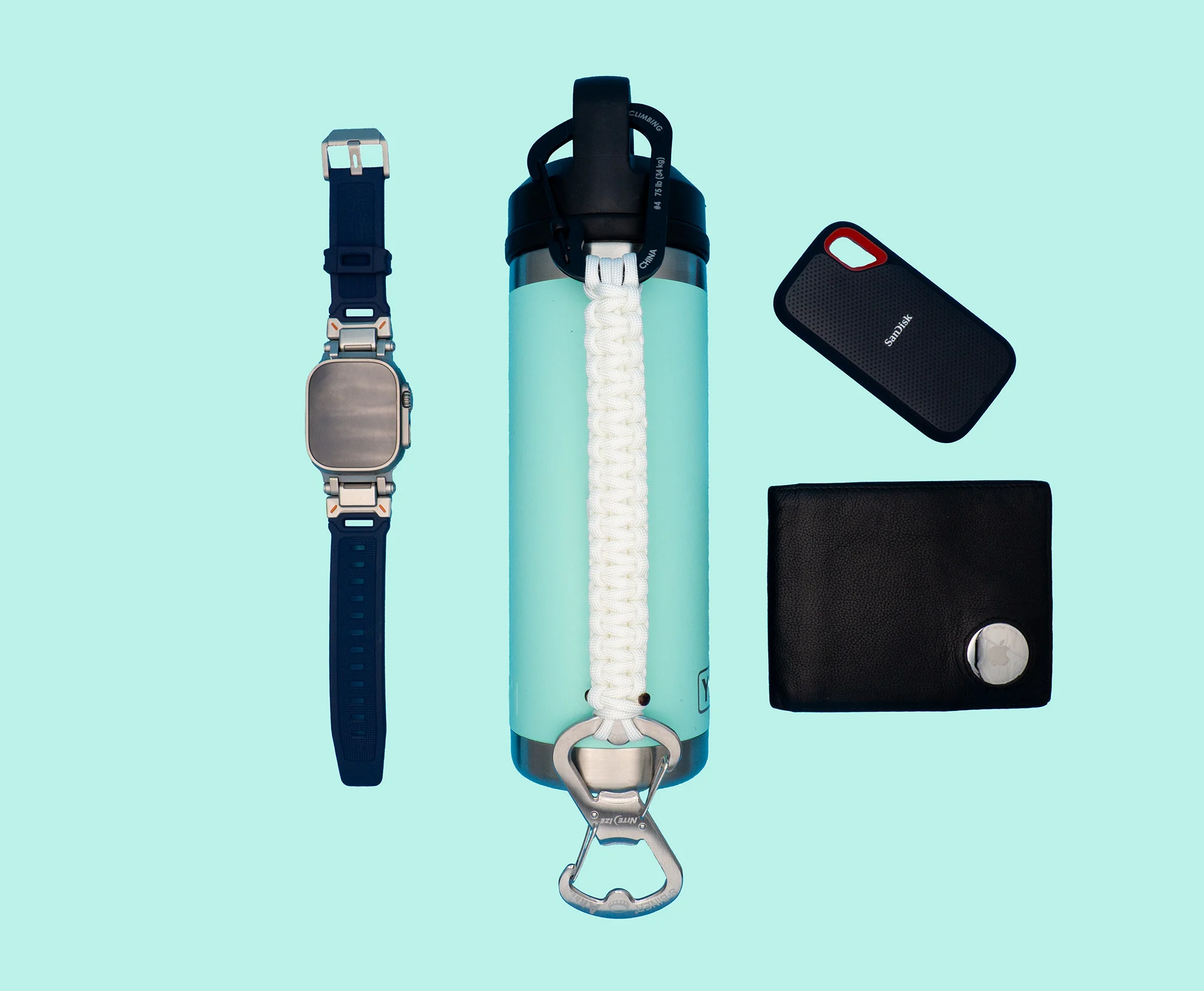 White Thirstlock Anchor bottle leash with everyday tech carry items
